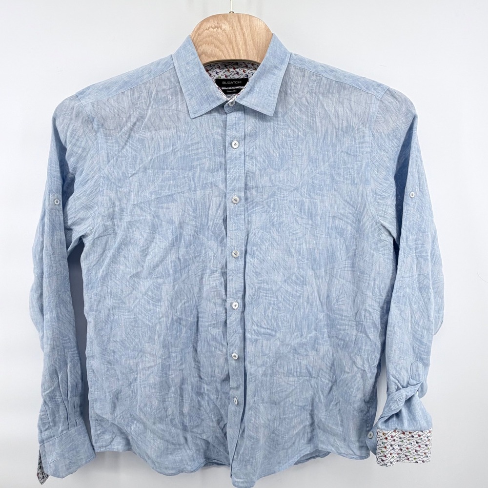 Bugatchi Shirt Mens Medium Blue 100% Linen‎ Shaped Fit Roll Tab Long Sleeve